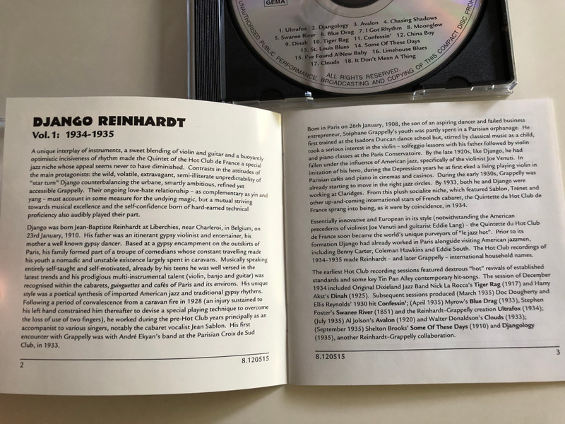  Django Reinhardt - Djangology Vol. 1 1934-35 / Naxos Jazz Legends / Audio CD 2000 (636943251522)