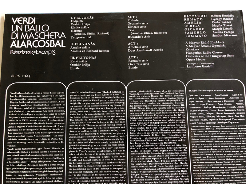 Verdi - Un Ballo In Maschera - Álarcosbál (Részletek / Excerpts) / Conducted: Lamberto Gardelli / Róbert Ilosfalvy, György Radnai, Paula Takács, Magda Tiszay / HUNGAROTON LP STEREO - MONO / SLPX 11665