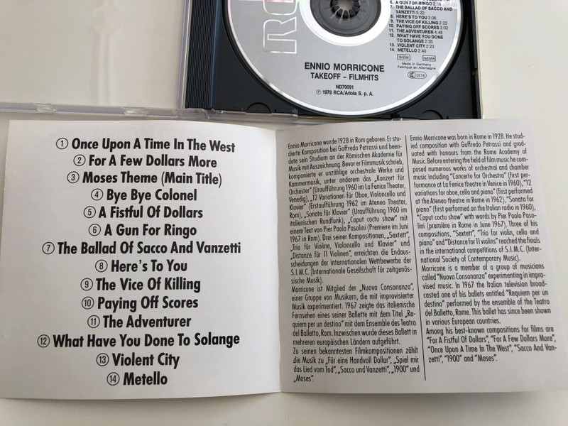 Ennio Morricone Film Hits / Once upon a time in the West, For a few dollars more, Moses theme, The Ballad of Sacco and Vanzetti / Audio CD 1989 / BMG ND 70091 (0035627009129)