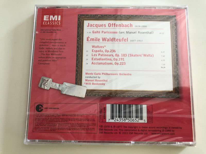 Offenbach - Gaité Parisienne / Waldteufel - Waltzes / Monte Carlo Philharmonic Orchestra / Conducted by Manuel Rosenthal, Willi Boskovsky / EMI Classic Audio CD 2003 (724358506525)