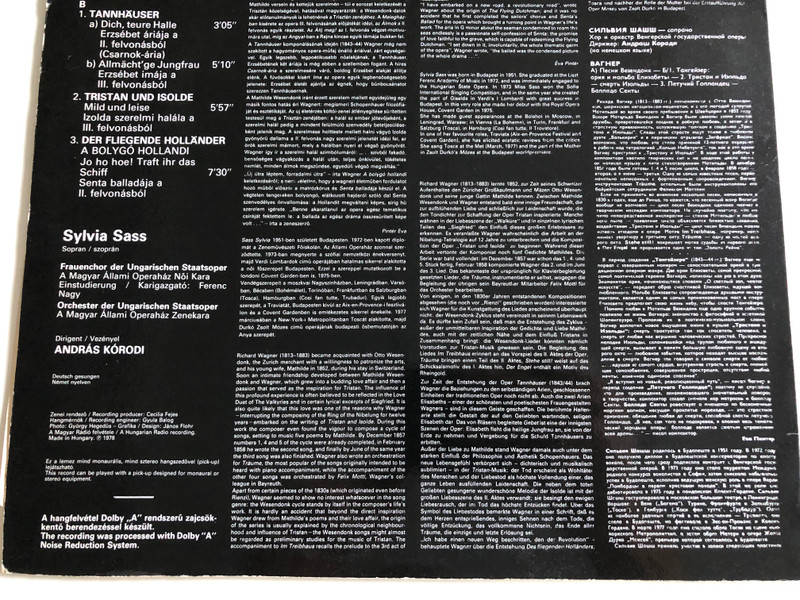 Sylvia Sass - Wagner, Wesendonk-Lieder / Tristan Und Isolde / Der Fliegende Holländer / Tannhäuser / Conducted: András Kórodi / HUNGAROTON LP STEREO - MONO / SLPX 11940
