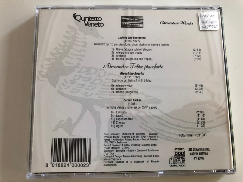 Quintetto Veneto - Chamber Works / Beethoven, Rossini & Farkas / Phoenix Classics / Audio CD 1995 / PH 95106 (8018824000023)