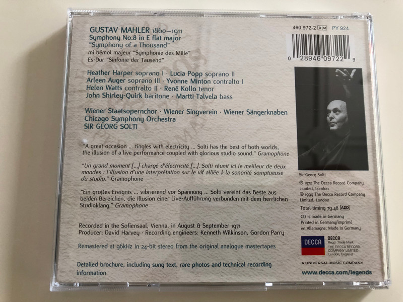 Mahler Symphony No. 8 / Legendary Performances 1971 / Conducted by Sir Georg Solti / Decca Audio CD 1999 / PY 924 (028946097229)