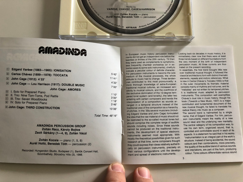 Amadinda Percussion Group - Works by Varése, Chávez, Cage & Harrison / With Zoltán Kocsis piano, Aurél Holló, Benedek Tóth percussion / Hungaroton HCD 12991 / Audio CD 1989 (5991811299125)