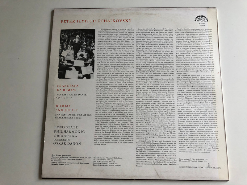Tchaikovsky - Romeo And Juliet / Francesca Da Rimini / Conducted: Oskar Danon / Brno State Philharmonic Orchestra / SUPRAPHON LP STEREO / 1 10 2426