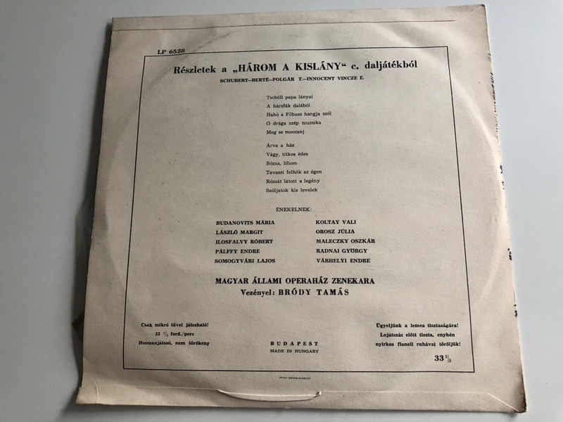 Franz Schubert ‎–Részletek Három A Kislány Című Daljátékból / QUALITON LP / LP 6528