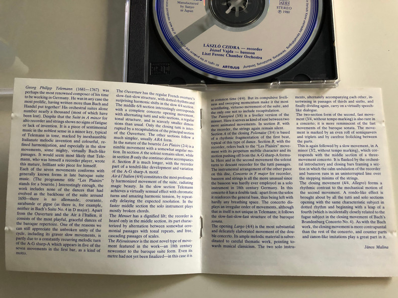 Telemann - Suite in A minor - Concerto in F Major / László Czidra recorder, József Vajda basson / Liszt Ferenc Chamber Orchestra / Conducted by János Rolla / Hungaroton White label / HRC 042 / Audio CD 1980 (HRC042)