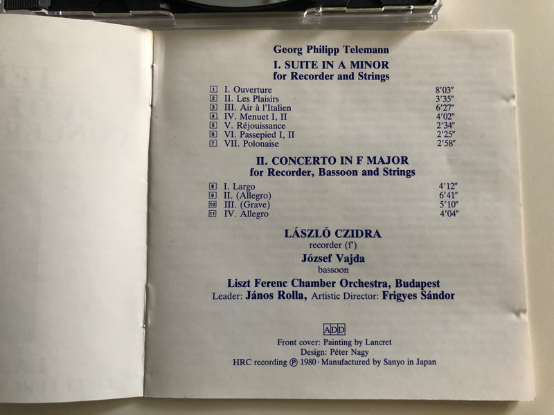 Telemann - Suite in A minor - Concerto in F Major / László Czidra recorder, József Vajda basson / Liszt Ferenc Chamber Orchestra / Conducted by János Rolla / Hungaroton White label / HRC 042 / Audio CD 1980 (HRC042)