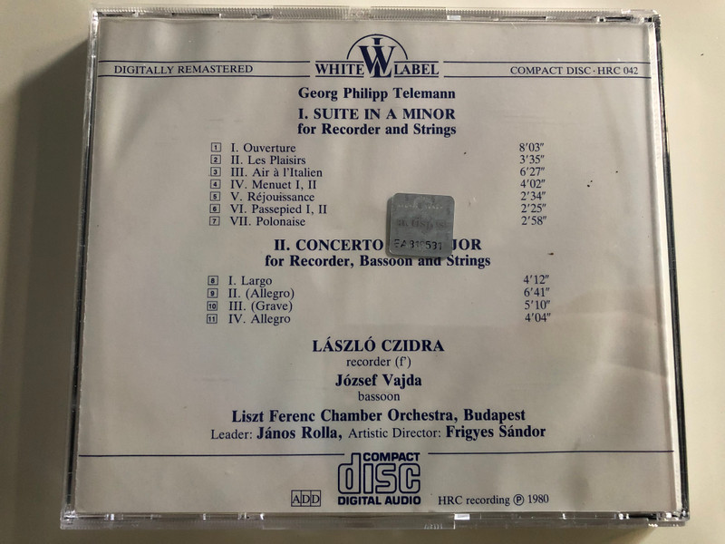 Telemann - Suite in A minor - Concerto in F Major / László Czidra recorder, József Vajda basson / Liszt Ferenc Chamber Orchestra / Conducted by János Rolla / Hungaroton White label / HRC 042 / Audio CD 1980 (HRC042)