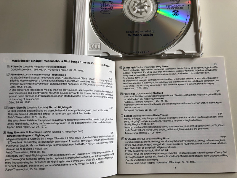  Bird Songs From the Carpathian Basin / Recorded by Dr. Mihály Ország / Madárénekek a Kárpát-medencéből / Hungaroton Classic Audio CD 1996 / HCD 19437 (5991811943721)