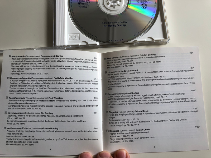  Bird Songs From the Carpathian Basin / Recorded by Dr. Mihály Ország / Madárénekek a Kárpát-medencéből / Hungaroton Classic Audio CD 1996 / HCD 19437 (5991811943721)