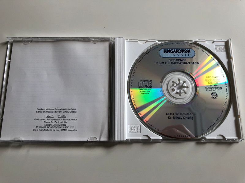  Bird Songs From the Carpathian Basin / Recorded by Dr. Mihály Ország / Madárénekek a Kárpát-medencéből / Hungaroton Classic Audio CD 1996 / HCD 19437 (5991811943721)