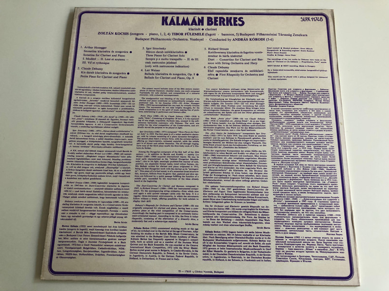 Kálmán Berkes - Clarinet Recital / Honegger, Debussy, Stravinsky, Weiner, R.Strauss / Conducted: András Kórodi / Budapest Philharmonic Orchestra / HUNGAROTON LP STEREO - MONO / SLPX 11748