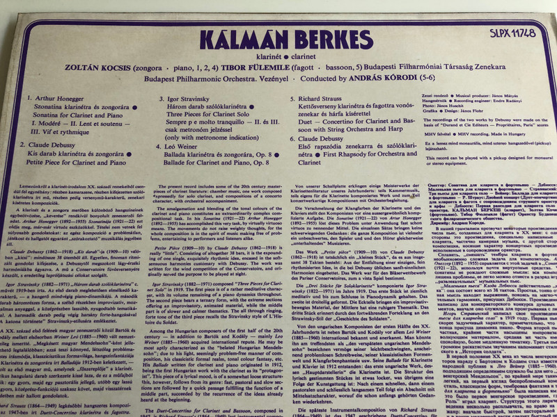 Kálmán Berkes - Clarinet Recital / Honegger, Debussy, Stravinsky, Weiner, R.Strauss / Conducted: András Kórodi / Budapest Philharmonic Orchestra / HUNGAROTON LP STEREO - MONO / SLPX 11748