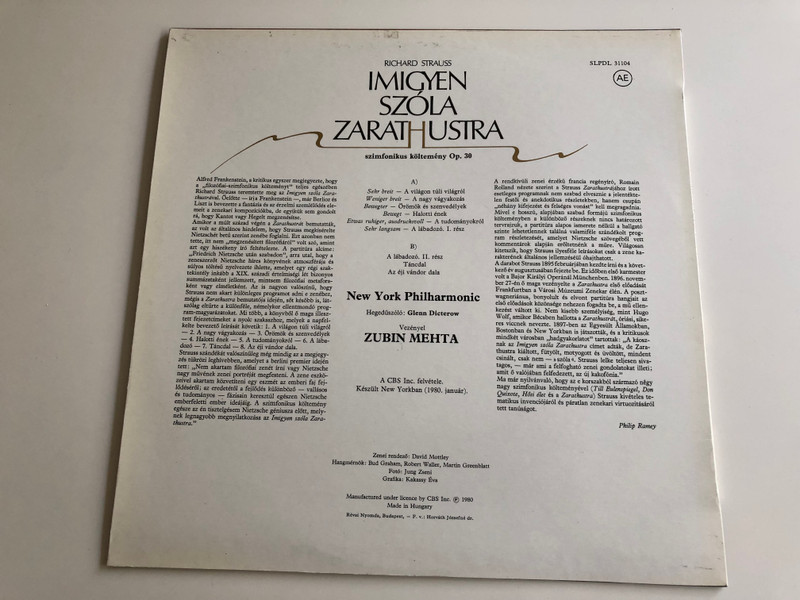 Richard Strauss - Imigyen Szóla Zarathustra / Conducted: Zubin Mehta / New York Philharmonic / HUNGAROTON LP STEREO / SLPD 31104