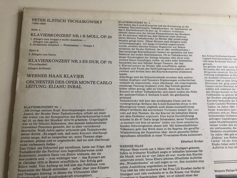 Tschaikowsky - Klavierkonzerte Nr. 1 Und 3 / Werner Haas / Conducted: Eliahu Inbal ‎/ Orchester Der Oper Monte Carlo / PHILIPS LP STEREO / 6500 196