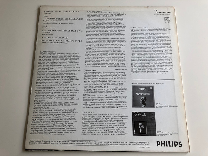 Tschaikowsky - Klavierkonzerte Nr. 1 Und 3 / Werner Haas / Conducted: Eliahu Inbal ‎/ Orchester Der Oper Monte Carlo / PHILIPS LP STEREO / 6500 196