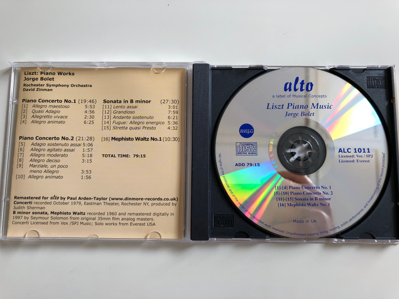  Liszt: Piano Concertos 1, 2, Sonata in B minor, Mephisto Waltz / Jorge Bolet piano / Rochester Symphony Orchestra / Cond. David Zinman / Audio CD 2007 / ALC 1011 (894640001110)
