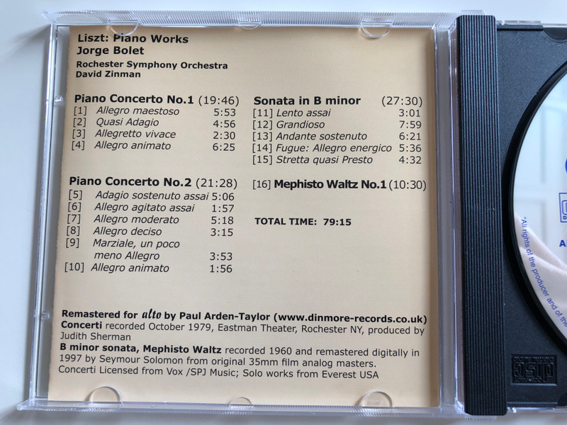  Liszt: Piano Concertos 1, 2, Sonata in B minor, Mephisto Waltz / Jorge Bolet piano / Rochester Symphony Orchestra / Cond. David Zinman / Audio CD 2007 / ALC 1011 (894640001110)