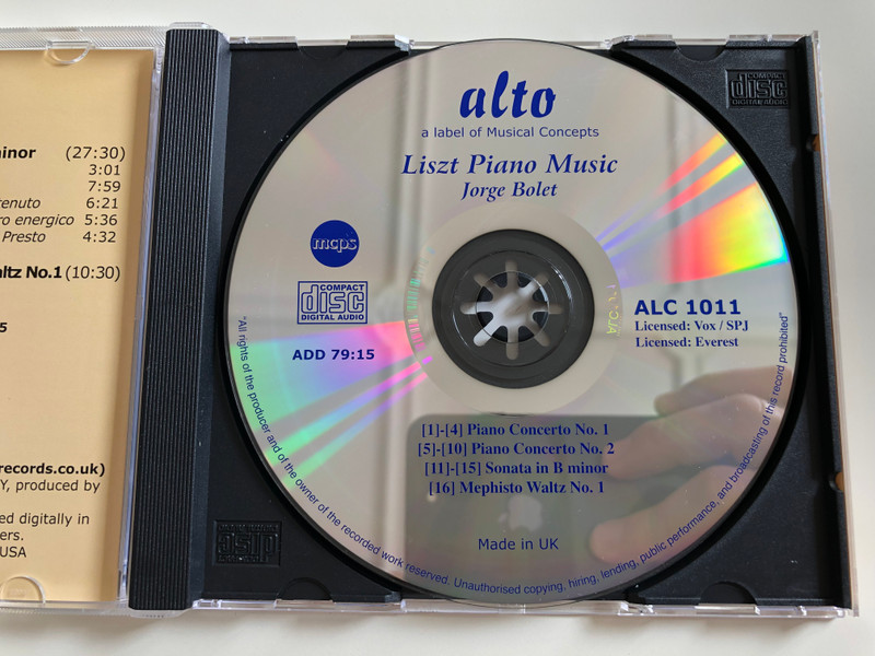  Liszt: Piano Concertos 1, 2, Sonata in B minor, Mephisto Waltz / Jorge Bolet piano / Rochester Symphony Orchestra / Cond. David Zinman / Audio CD 2007 / ALC 1011 (894640001110)