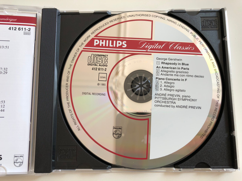 Gershwin - Rhapsody in Blue, Piano COncerto in F, An American in Paris / Pittsburg Symphony Orchestra / Soloist & Conductor André Previn / Philips Digital Classic / Audio CD 1985 / 412 611-2 (028941261120)