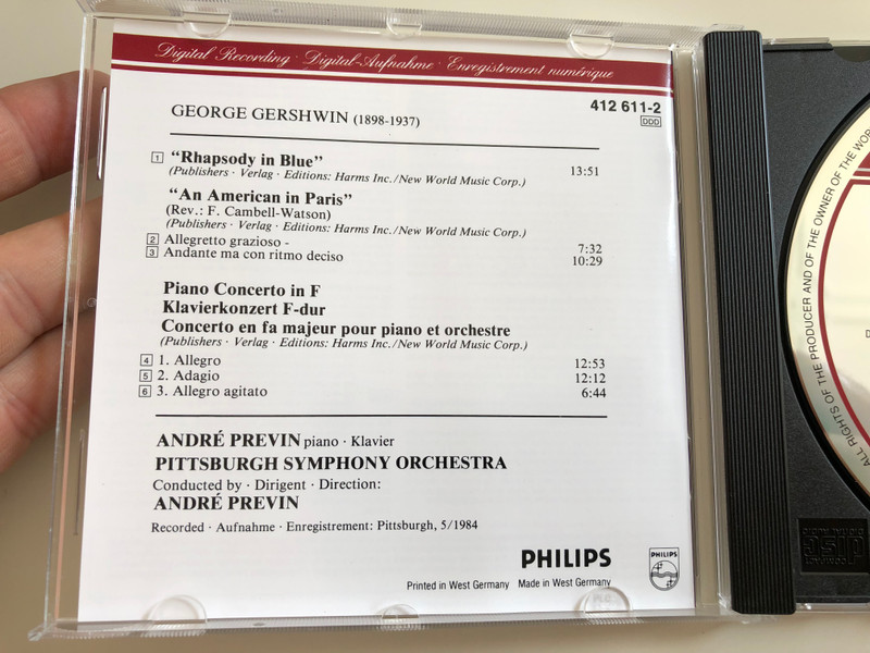 Gershwin - Rhapsody in Blue, Piano COncerto in F, An American in Paris / Pittsburg Symphony Orchestra / Soloist & Conductor André Previn / Philips Digital Classic / Audio CD 1985 / 412 611-2 (028941261120)