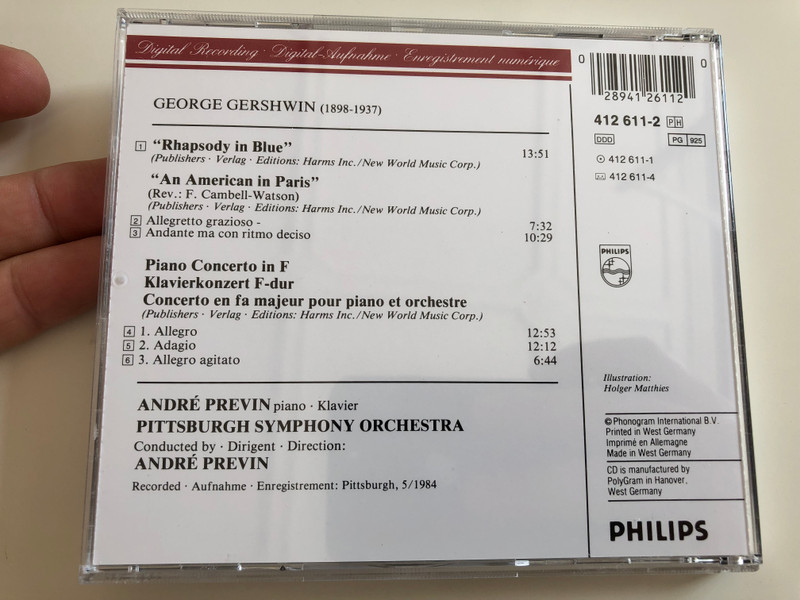 Gershwin - Rhapsody in Blue, Piano COncerto in F, An American in Paris / Pittsburg Symphony Orchestra / Soloist & Conductor André Previn / Philips Digital Classic / Audio CD 1985 / 412 611-2 (028941261120)