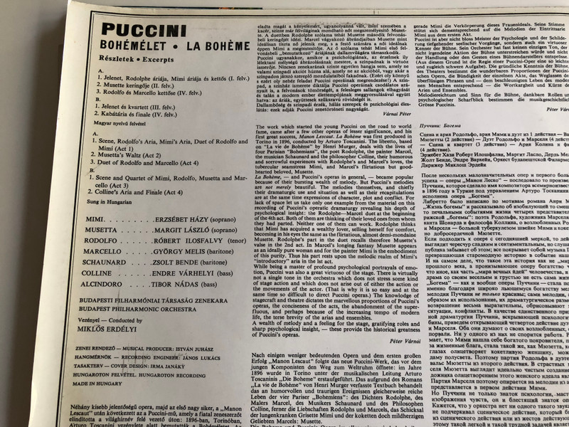 Puccini ‎– La Boheme / Conducted: Miklos Erdelyi / E.Hazy, M.Laszlo, Zs.Bende, R.Ilosfalvy, Gy.Melis, E.Varhelyi / Budapest Philharmonic Orchestra / HUNGAROTON LP STEREO - MONO / LPX 11503