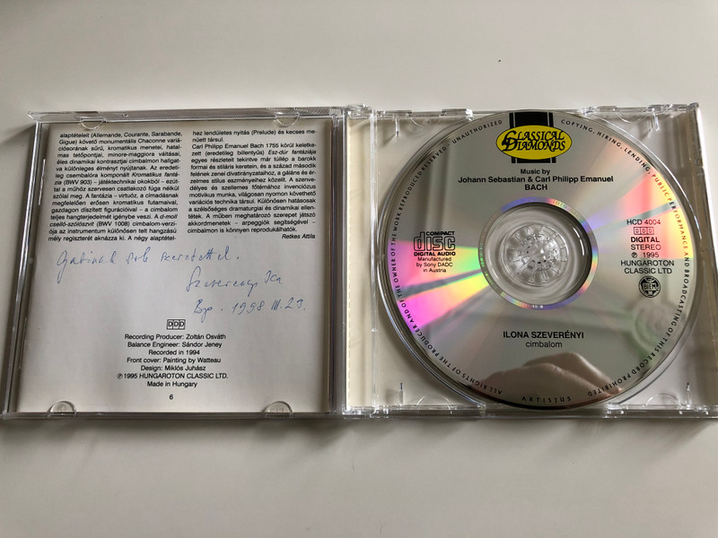 Johann Sebastian Bach - Partita in D minor, Fantasy in D minor, Suite in D minor BWV 1008 / C.P. E. Bach - Fantasy in E flat major / Ilona Szeverényi Cimbalom / Hungaroton Classic / HCD 4004 / Audio CD 1995 (5991810400423.)