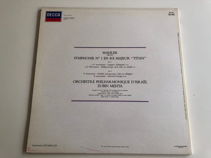 Mahler - Symphonie No. 1 "Titan" / Orchestre Philharmonique D' Israel / Conducted: Zubin Mehta / DECCA LP / 591107