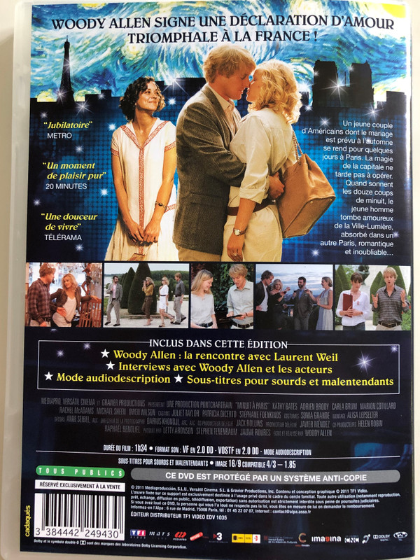 Midnight in Paris DVD 2011 Minuit à Paris / Directed by Woody Allen / Starring: Kathy Bates, Adrien Brody, Carla Bruni, Marion Cotillard, Rachel McAdams, Michael Sheen, Owen Wilson (3384442249430)