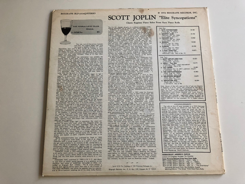 Scott Joplin ‎– Elite Syncopations / Classic Ragtime From Rare Piano Rolls Vol.5 / BIOGRAPH LP STEREO / BLP 1014Q