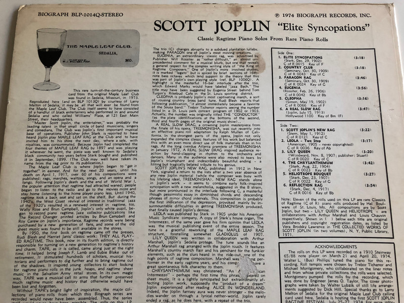 Scott Joplin ‎– Elite Syncopations / Classic Ragtime From Rare Piano Rolls Vol.5 / BIOGRAPH LP STEREO / BLP 1014Q