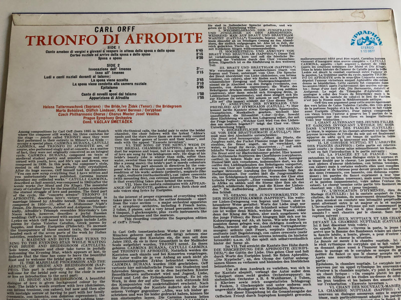 Carl Orff - Trionfo Di Afrodite / Soloists, Czech Philharmonic Chorus, Prague Symphony Orchestra / Conducted: Václav Smetáček ‎/ SUPRAPHON LP STEREO / 1 12 0877
