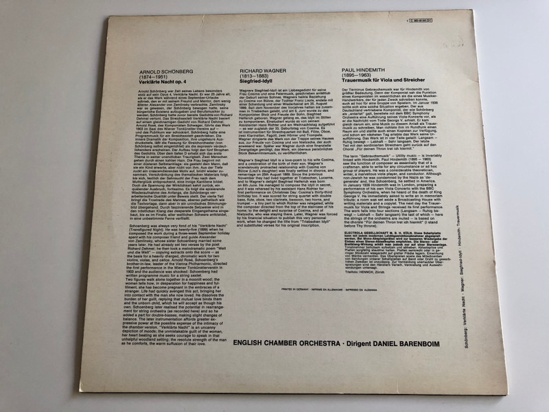 Schönberg - Verklärte Nacht / Wagner - Siegfried Idyll / Hindemith - Trauermusik / Conducted: Daniel Barenboim / English Chamber Orchestra / EMI ELECTROLA LP / 1C 063-00 353