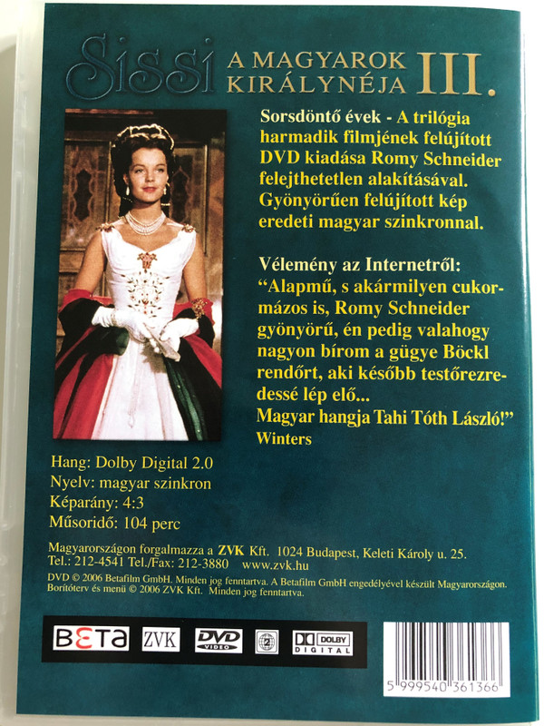 Sissi, Sorsdöntő Évek DVD 1957 Sissi - Schicksalsjahre einer Kaiserin (Sissi – Fateful Years of an Empress ) / Directed by Ernst Marischka / Starring: Romy Schneider, Karlheinz Böhm, Magda Schneider, Gustav Knuth, Josef Meinrad (5999540361366)