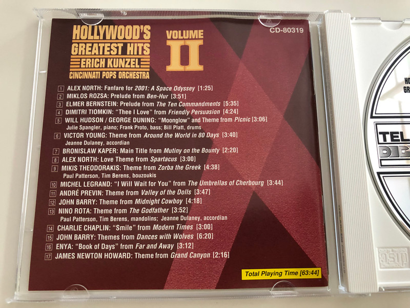  Hollywood's Greatest Hits Volume 2 / Themes from Ben-Hur, Spartacus, Zorba the Greek, Far and Anway, Dances with Wolves, Grand Canyon / Cincinnati Pops Orchestra / Conducted by Erich Kunzel / Telarc CD 80319 / Audio CD 1993 (089408031922)