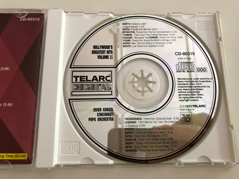 Hollywood's Greatest Hits Volume 2 / Themes from Ben-Hur, Spartacus, Zorba the Greek, Far and Anway, Dances with Wolves, Grand Canyon / Cincinnati Pops Orchestra / Conducted by Erich Kunzel / Telarc CD 80319 / Audio CD 1993 (089408031922)
