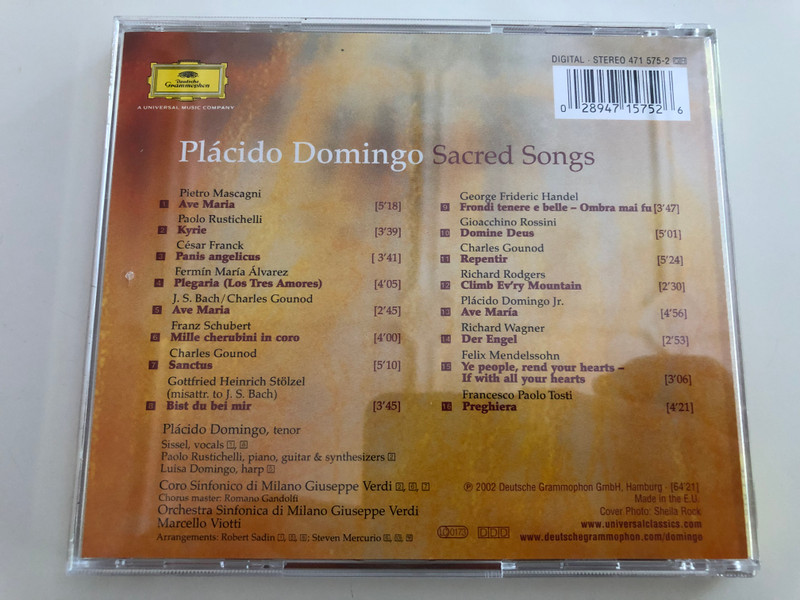 Plácido Domingo - Sacred Songs / Coro Sinfonico di Milano / Chorus master Romano Gandolfi / Orchestra Sinfonica di Milano Giuseppe Verdi / Marcello Viotti / Audio CD 2002 (028947157526)