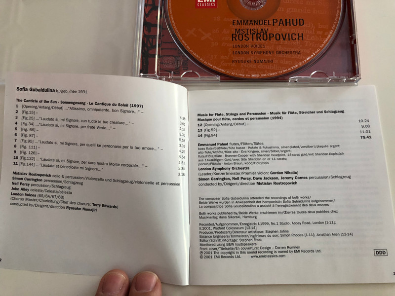 Sofia Gubaidulina - The Canticle of the Sun / Music for flute, strings and percussion / Emmanuel Pahud, Mstislav Rostopovich / London Voices, London Symphony Orchestra / Ryusuke Numajiri / Emi Classics / Audio CD 2001 (724355715326)