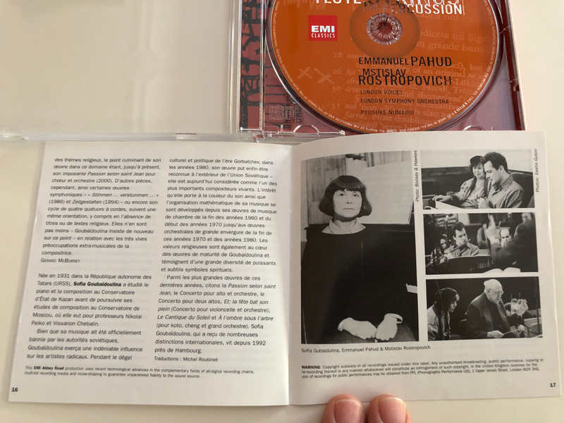 Sofia Gubaidulina - The Canticle of the Sun / Music for flute, strings and percussion / Emmanuel Pahud, Mstislav Rostopovich / London Voices, London Symphony Orchestra / Ryusuke Numajiri / Emi Classics / Audio CD 2001 (724355715326)