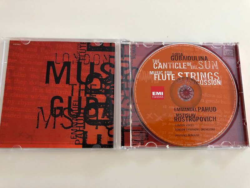 Sofia Gubaidulina - The Canticle of the Sun / Music for flute, strings and percussion / Emmanuel Pahud, Mstislav Rostopovich / London Voices, London Symphony Orchestra / Ryusuke Numajiri / Emi Classics / Audio CD 2001 (724355715326)