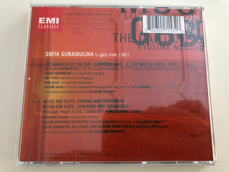 Sofia Gubaidulina - The Canticle of the Sun / Music for flute, strings and percussion / Emmanuel Pahud, Mstislav Rostopovich / London Voices, London Symphony Orchestra / Ryusuke Numajiri / Emi Classics / Audio CD 2001 (724355715326)