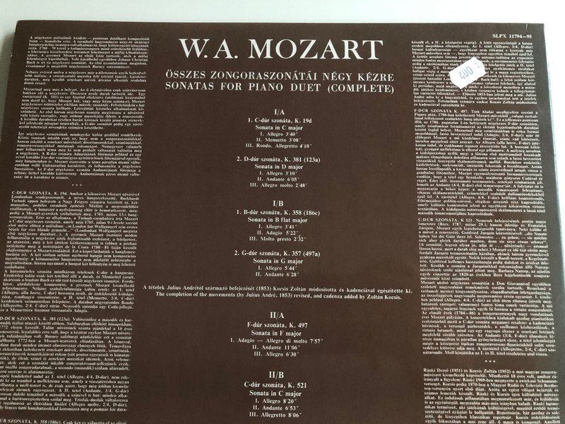 Mozart - Sonatas For Piano Duet (Complete) / Dezső Ránki, Zoltán Kocsis ‎/ HUNGAROTON 2X LP STEREO - MONO / SLPX 11794-95