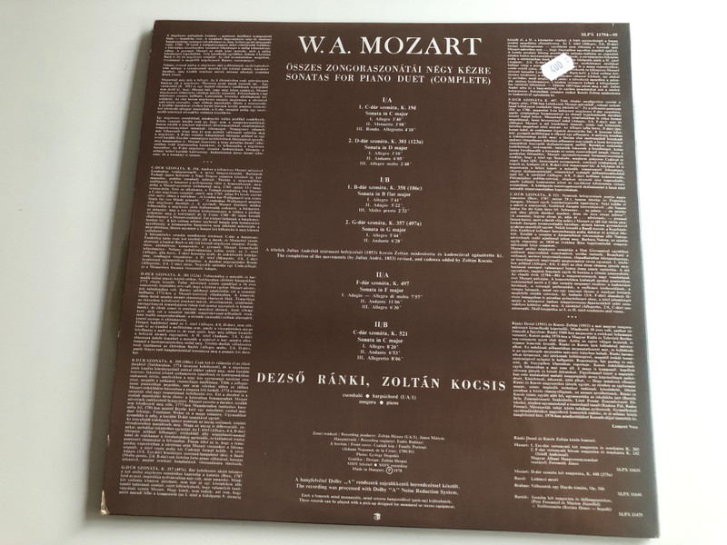 Mozart - Sonatas For Piano Duet (Complete) / Dezső Ránki, Zoltán Kocsis ‎/ HUNGAROTON 2X LP STEREO - MONO / SLPX 11794-95