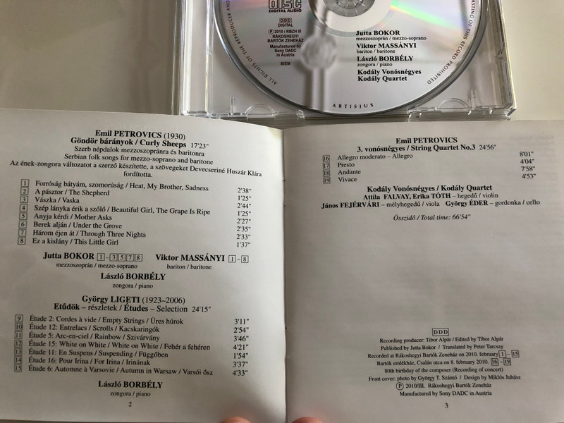 Petrovics - Göndör bárányok, 3. vonósnégyes / Ligeti - Etűdök (részletek) / Bokor Jutta, mezzo-soprano / Massányi Viktor, baritone / Borbély László, piano / Kodály Vonósnégyes / Audio CD 2010 (RBZH III)