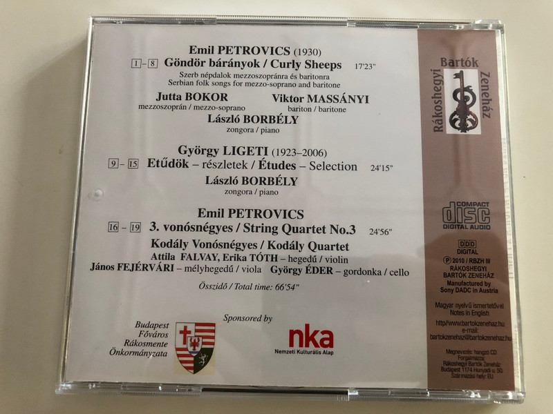 Petrovics - Göndör bárányok, 3. vonósnégyes / Ligeti - Etűdök (részletek) / Bokor Jutta, mezzo-soprano / Massányi Viktor, baritone / Borbély László, piano / Kodály Vonósnégyes / Audio CD 2010 (RBZH III)