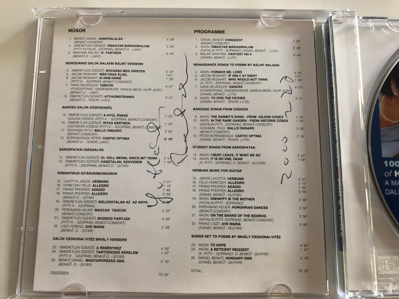 1000 Years of Hungarian Music / Katalin Pitti soprano, Dániel Benkő lute, guitar / A magyar zene 1000 éve dalban, lanttal és gitárral / CÉH CCD 0627 / Audio CD 2000