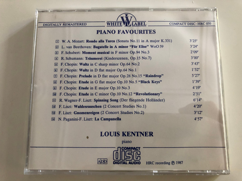 Piano Favourites / Louis Kentner piano / Rondo Alla Turca, Für Elise, Moment Musical, Revolutionary Etude, La Campanella / Hungaroton White Label Audio CD 1987 / HRC 050