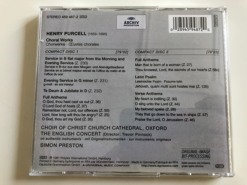 Purcell - Choral Works / Choir of Christ Church Cathedral, Oxford / The English Concert / Conducted by Simon Preston / 2x Audio CD 1981 / Polydor 459 487-2 (028945948720)